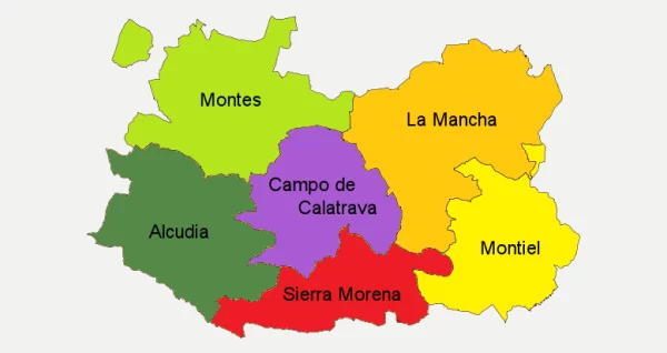 Mapa de las 6 comarcas que forman la provincia de Ciudad Real (Castilla-La Mancha, España).