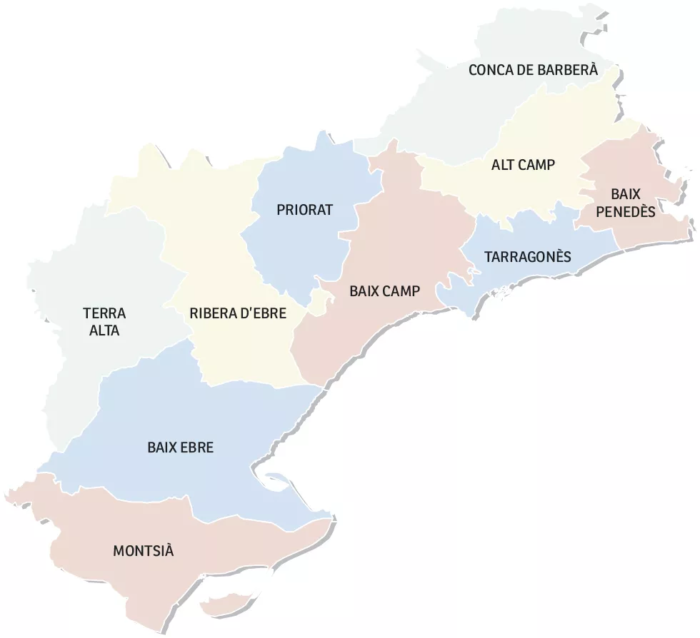 Mapa con las comarcas de la provincia de Tarragona, Cataluña.