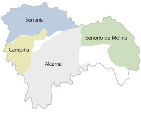 Mapa de las 4 comarcas que forman la provincia de Guadalajara (Castilla-La Mancha, España)..