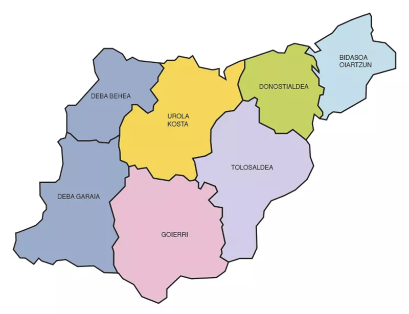 Mapa con las siete comarcas que tiene Guipúzcoa.