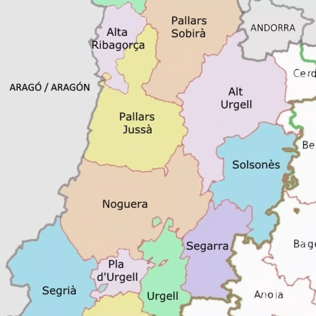 Mapa con las comarcas de Lérida, Cataluña (España).