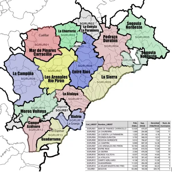 Mapa con las Comarcas de la provincia de Segovia.