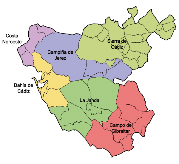 Mapa de la provincia de Cádiz (Andalucía, España) dividido en 6 comarcas.