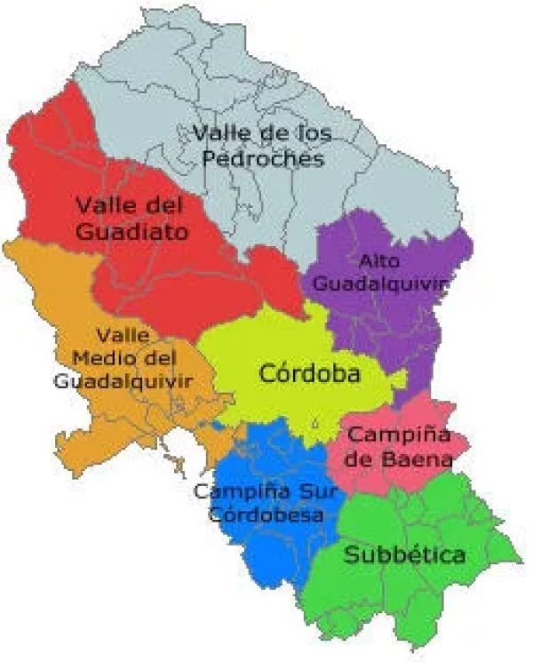 Mapa con las comarcas de Córdoba provincia (Andalucía, España)