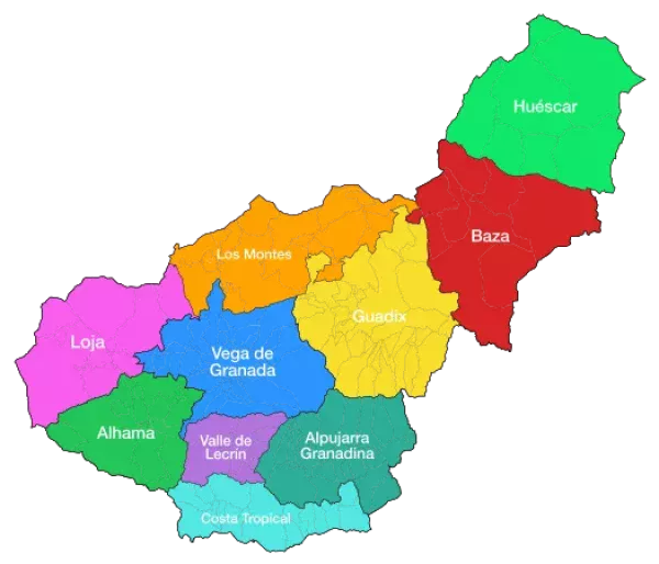 Mapa de la provincia de Granada (Andalucía, España), con sus 10 comarcas, pueblos y municipios.