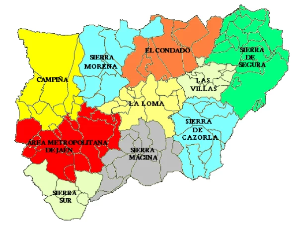 Mapa provincia Jaén (Andalucía, España), con las 10 comarcas en las que esta dividida.