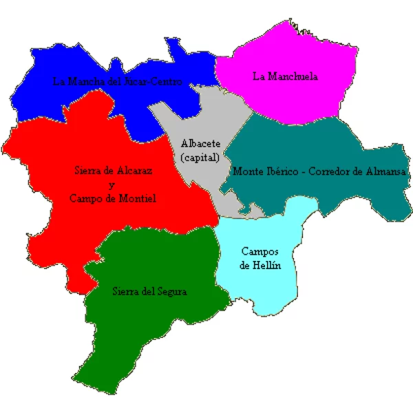 Mapa de las 7 Comarcas de Albacete (Castilla-La Mancha, España).