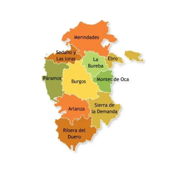 Mapa con las 10 comarcas que forman la provincia de Burgos (Castilla y León, España).