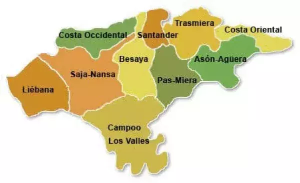 Mapa de las comarcas de Cantabria (España).