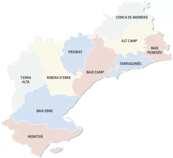 Mapa con las comarcas de la provincia de Tarragona, Cataluña.