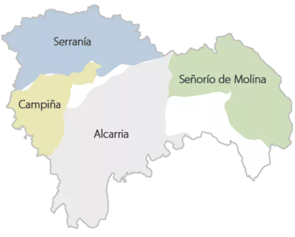 Mapa de las 4 comarcas que forman la provincia de Guadalajara (Castilla-La Mancha, España)..