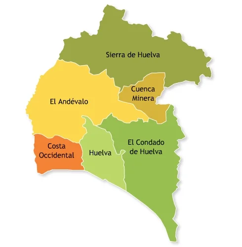 Mapa con las 6 comarcas de la provincia de Huelva. (Andalucía, España).