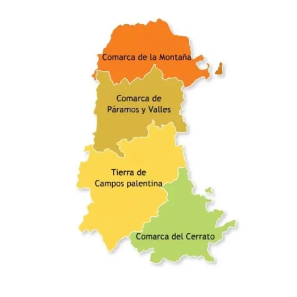 Mapa con las cuatro comarcas que forman la provincia de Palencia (Castilla y León, España)