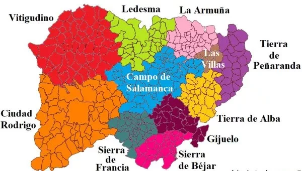 Mapa con las comarcas de la provincia de Salamanca.