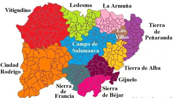 Mapa con las comarcas de la provincia de Salamanca.