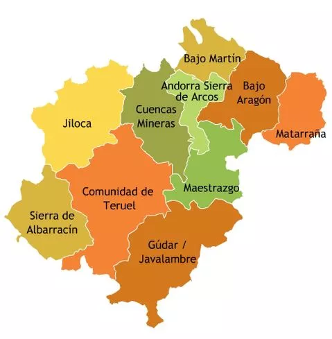 Mapa con las 10 comarcas que forman la provincia de Teruel (Aragón, España).