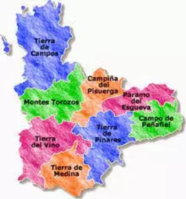 Mapa de las 8 comarcas que pertenecen a la provincia de Valladolid, Castilla y León.