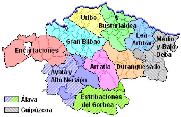 Mapa de la provincia de Vizcaya con sus comarcas.