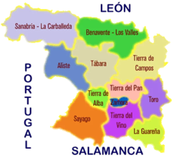 Mapa con las 12 comarcas que forman la provincia de Zamora (Castilla y León, España).