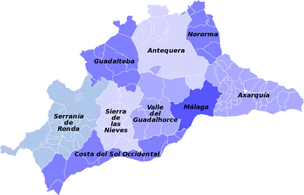 Mapa de la provincia de Malaga (Andalucía, España), con las 9 comarcas a las que pertenecen los pueblos y municipios de la zona.