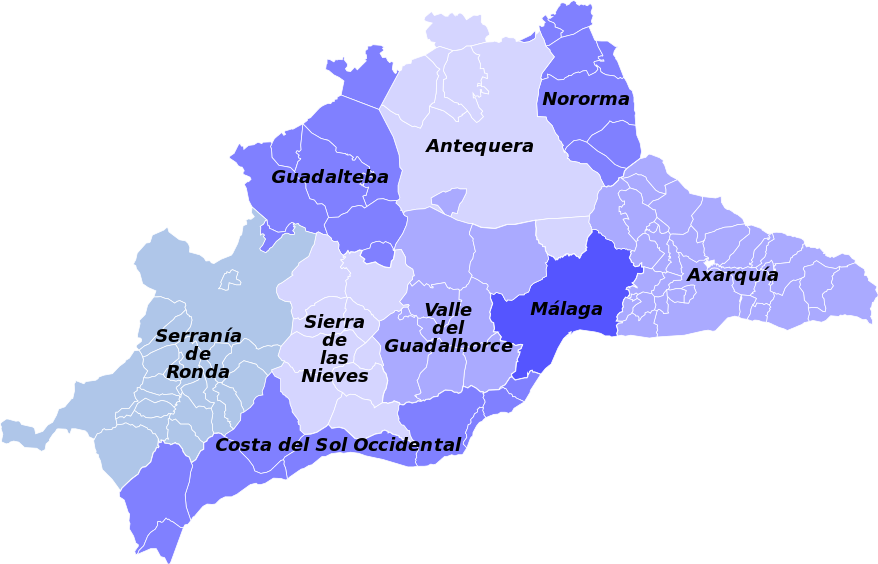 Mapa de la provincia de Malaga (Andalucía, España), con las 9 comarcas a las que pertenecen los pueblos y municipios de la zona.