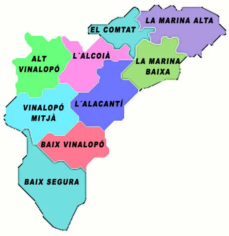 Mapa de las comarcas de la provincia de Alicante.